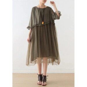 French Tea Tulle Patchwork Chiffon Maxi Dress Oversized Boho Lagenlook Moss Core